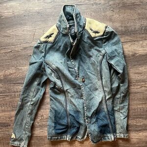 Bebe Stylish Denim Cowboy Rodeo Jacket with Tan Accents